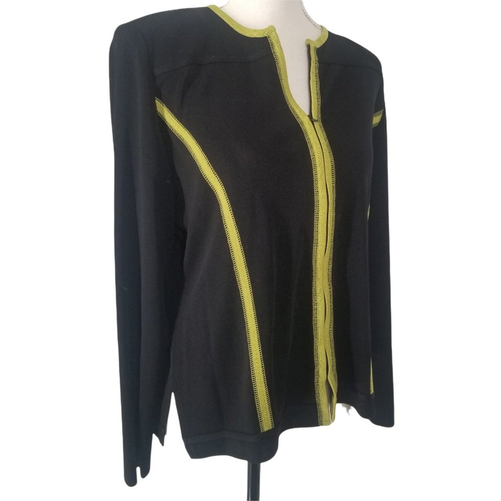 Exclusively Misook Black & Green Zip Front Cardigan Sweater Size Small